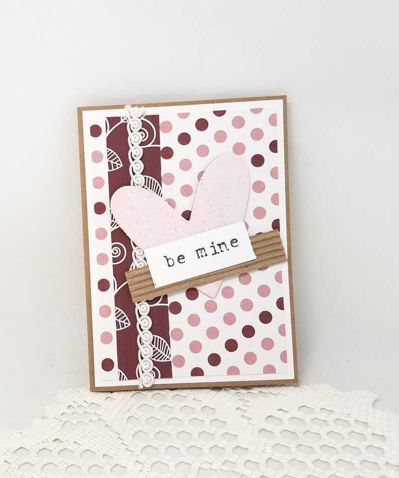 Be Mine Valentine Card Be Mine Card Pink Heart Valentine Card Polka Dot Valentine Card Kraft Valentine Card Textured Valentine image 10
