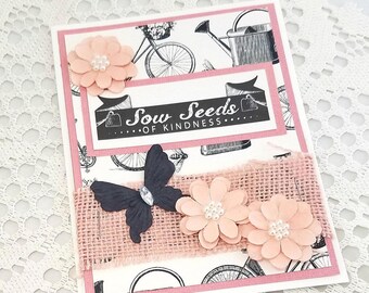 Pink Spring Card - Pink Burlap Card - Sow Seeds of Kindness - Pink Card - Pink Flower Card - Inspirational Card - Pink and Ivory Card