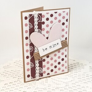 Be Mine Valentine Card Be Mine Card Pink Heart Valentine Card Polka Dot Valentine Card Kraft Valentine Card Textured Valentine image 7