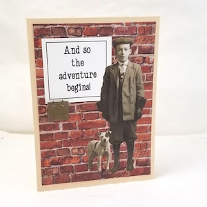 Tarjeta de graduación - Tarjeta de graduación masculina - Comienza la aventura - Tarjeta de graduación para él - Tarjeta de graduación masculina - Tarjeta de graduación con perro
