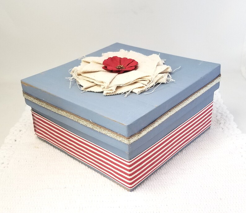 Blue Gift Box Blue and Red Gift Box Rustic Blue Gift Box Blue Keepsake Box Blue and Red Decorative Box Canvas Flower Box image 4