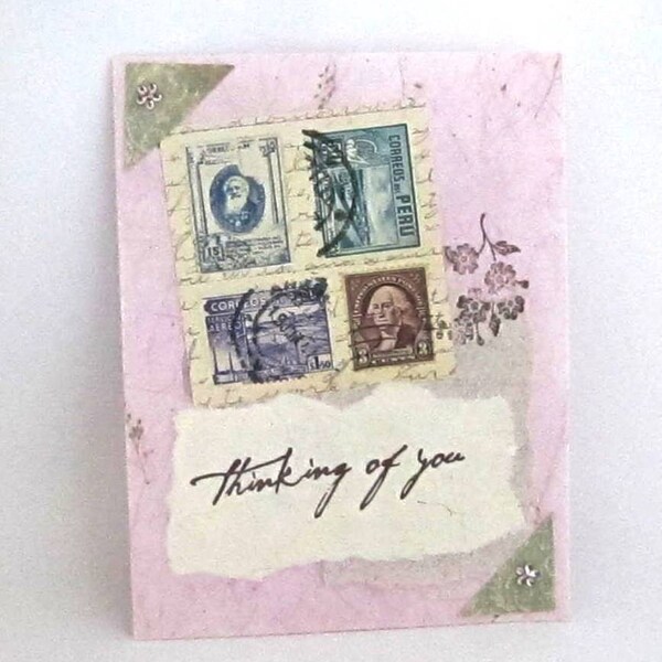 Pink Vintage Style Card - Any Occasion Card - Blank Card - Postage Stamps - Thinking of You - Collage Card - Mulberry Paper - Pastel Colors