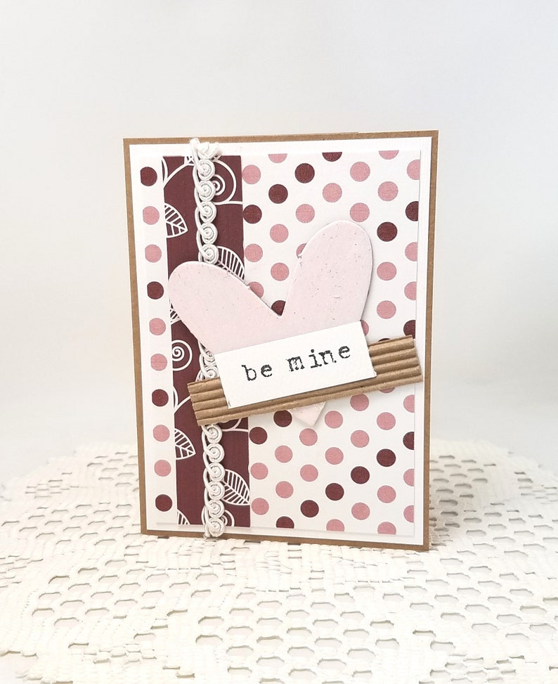 Be Mine Valentine Card Be Mine Card Pink Heart Valentine Card Polka Dot Valentine Card Kraft Valentine Card Textured Valentine image 2