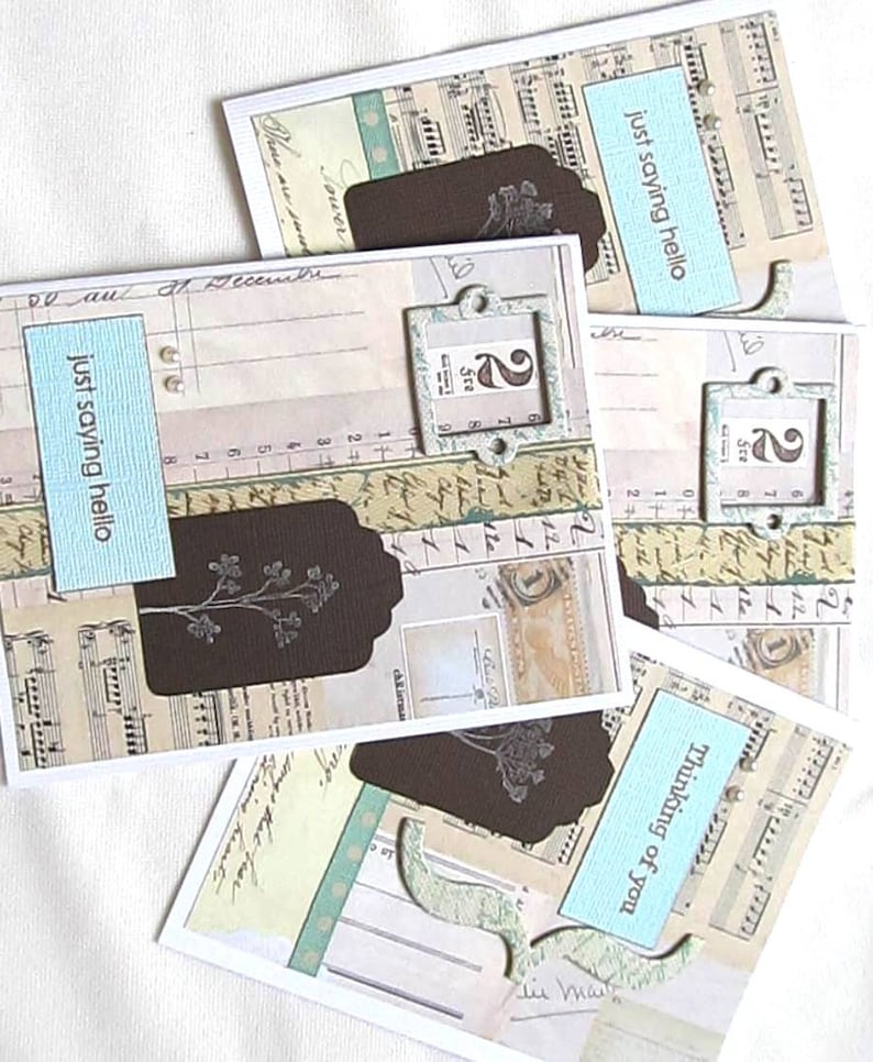 Vintage Style Card Set Set of 4 Vintage Detail Blank Inside Turquoise and Brown Botanical Images Hand Stamped Shabby Chic image 3