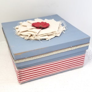 Blue Gift Box Blue and Red Gift Box Rustic Blue Gift Box Blue Keepsake Box Blue and Red Decorative Box Canvas Flower Box zdjęcie 7