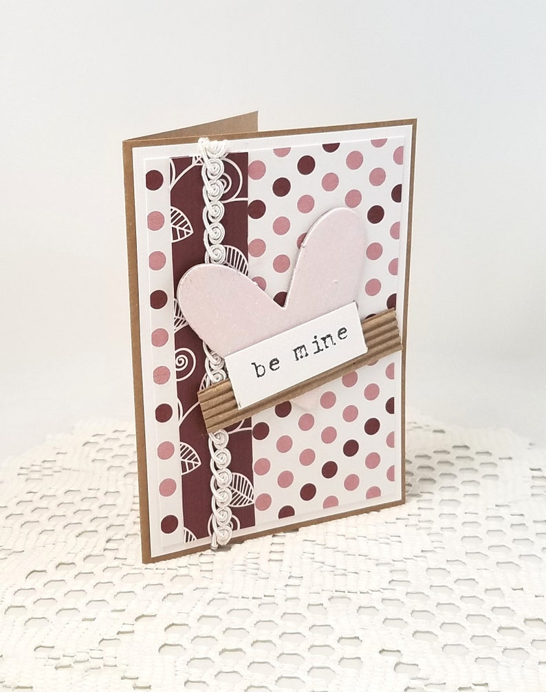 Be Mine Valentine Card Be Mine Card Pink Heart Valentine Card Polka Dot Valentine Card Kraft Valentine Card Textured Valentine image 6