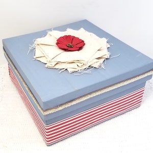 Blue Gift Box Blue and Red Gift Box Rustic Blue Gift Box Blue Keepsake Box Blue and Red Decorative Box Canvas Flower Box image 8