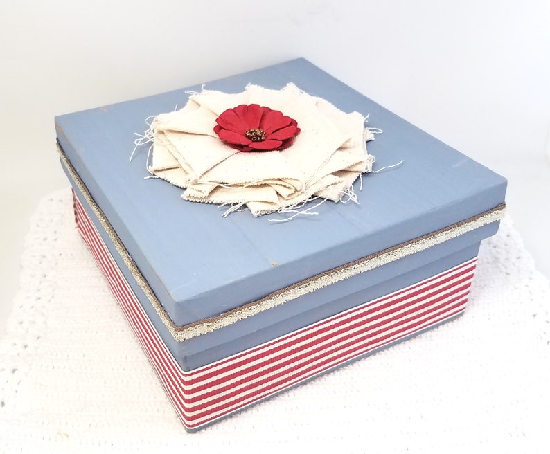 Blue Gift Box Blue and Red Gift Box Rustic Blue Gift Box Blue Keepsake Box Blue and Red Decorative Box Canvas Flower Box zdjęcie 8