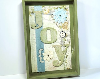 Joy Shadowbox - Mixed Media Shadowbox - Rustic Shadow Box - Botanical Shadowbox - Floral Shadowbox - Green and Blue Floral - Distressed