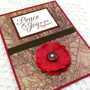 Tarjeta de paz y alegría - Tarjeta de vacaciones - Tarjeta de Navidad marrón y roja - Tarjeta de acción de gracias - Flor roja - Tarjeta en blanco - Tarjeta de temporada