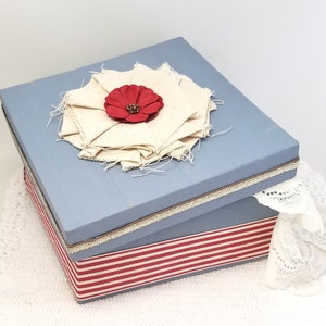 Blue Gift Box Blue and Red Gift Box Rustic Blue Gift Box Blue Keepsake Box Blue and Red Decorative Box Canvas Flower Box image 1