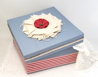 Blue Gift Box - Blue and Red Gift Box - Rustic Blue Gift Box - Blue Keepsake Box - Blue and Red Decorative Box - Canvas Flower Box