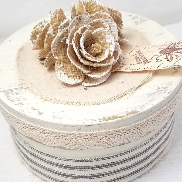 White Round Gift Box - Round Keepsake Box - Shabby Chic Box - Round Gift Box - Burlap and Canvas Box - Burlap Flowers - Ivory Ticking -