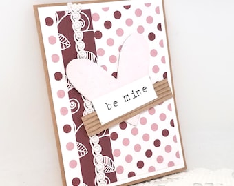 Be Mine Valentine Card - Be Mine Card - Pink Heart Valentine Card - Polka Dot Valentine Card - Kraft Valentine Card - Textured Valentine