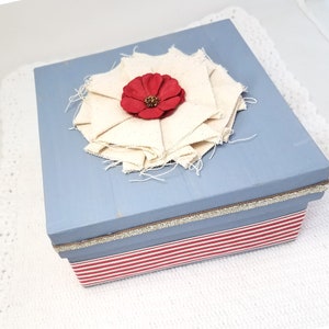 Blue Gift Box Blue and Red Gift Box Rustic Blue Gift Box Blue Keepsake Box Blue and Red Decorative Box Canvas Flower Box zdjęcie 9