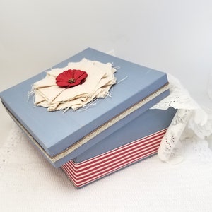 Blue Gift Box Blue and Red Gift Box Rustic Blue Gift Box Blue Keepsake Box Blue and Red Decorative Box Canvas Flower Box image 5