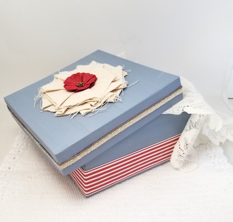 Blue Gift Box Blue and Red Gift Box Rustic Blue Gift Box Blue Keepsake Box Blue and Red Decorative Box Canvas Flower Box image 5