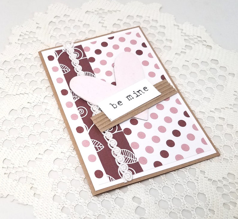 Be Mine Valentine Card Be Mine Card Pink Heart Valentine Card Polka Dot Valentine Card Kraft Valentine Card Textured Valentine image 8