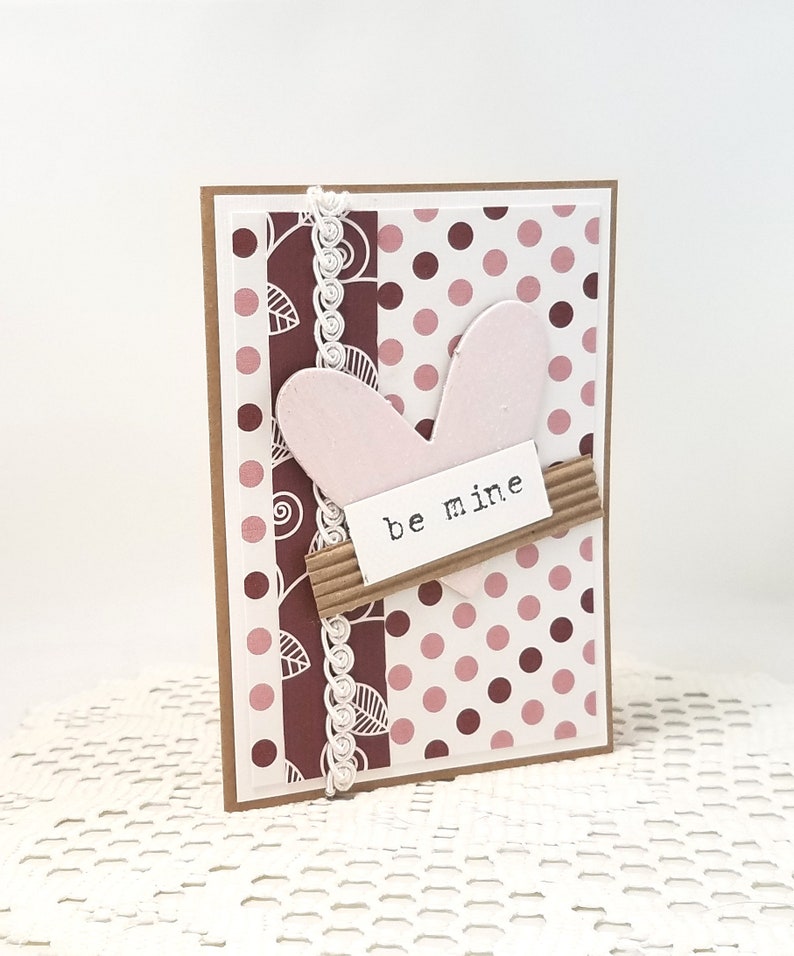 Be Mine Valentine Card Be Mine Card Pink Heart Valentine Card Polka Dot Valentine Card Kraft Valentine Card Textured Valentine image 5