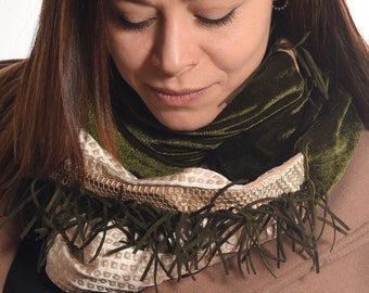 scarf, green scarf, beige scarf, fringe scarf, shrug, neck warmer, chenille scarf, velvet scarf, warm neck