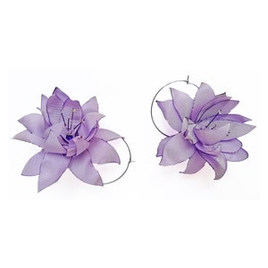 earrings, lotus flower, flower earrings, lilac, floral earrings, hoops, flower hoops, pendant flower, fabric flower
