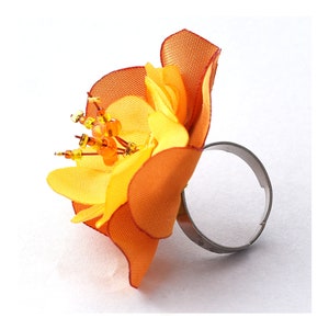 ring, flower ring, flower, yellow flower, fabric flower, orange flower, fabric ring, floral ring, accessories