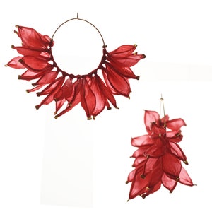 Ohrringe, Creolen, Creolen, rote Ohrringe, rote Creolen, rote Blumenohrringe, Blatt-Creolen, Zeremonie-Ohrringe