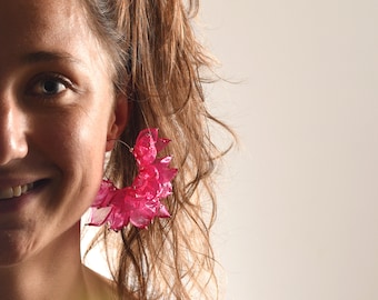 earrings, hoops, circle earrings, pink earrings, fuchsia earrings, flower earrings, leaf earrings, paper earrings, lightweight