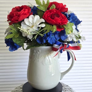 Tall 14&quot; H Patriotic Floral Arrangement in White Ceramic Pitcher Vase, Red White Blue Centerpiece,| 4th of July Centerpiece
