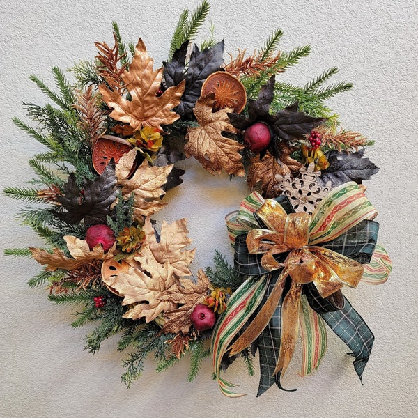 Glam Winter Wreath-Gold Leaves, Oranges, Pomegranates, Pinecones & Huge Bow