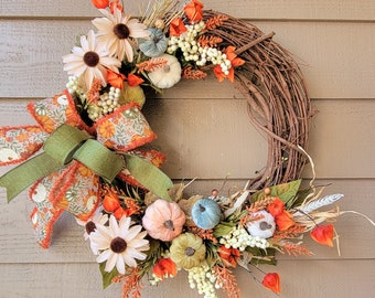 Elegant fall grapevine wreath for front door, velvet pumpkin wreath,  beige sunflowers, Chinese lanterns