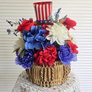 Patriotic Floral Basket with Uncle Sam Top Hat | Red White Blue 4th of July Centerpiece | Americana Rope Basket Decor