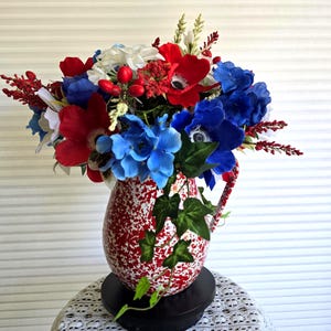 Tall 14&quot; Patriotic Red White Blue Floral Arrangement in Speckled Enamel Pitcher – 4th of July, Memorial Day, Americana Centerpiece