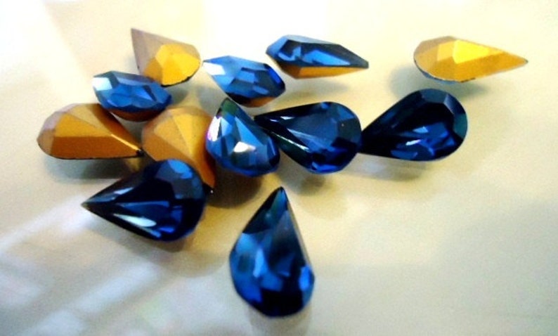 Vintage Glass Teardrop Dark Blue colour foiled stone approx 13mm x 7.8mm glass jewels 6 pieces Art No 308 for jewellery making image 3