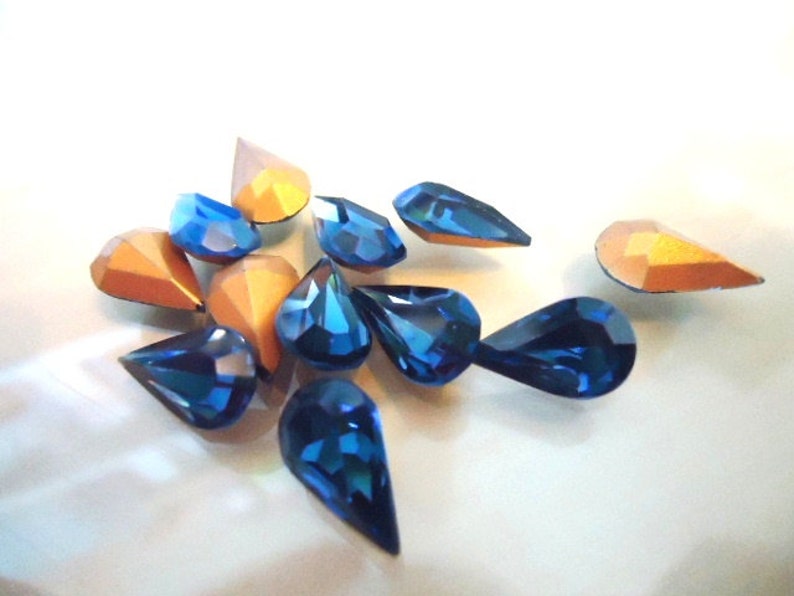 Vintage Glass Teardrop Dark Blue colour foiled stone approx 13mm x 7.8mm glass jewels 6 pieces Art No 308 for jewellery making image 1