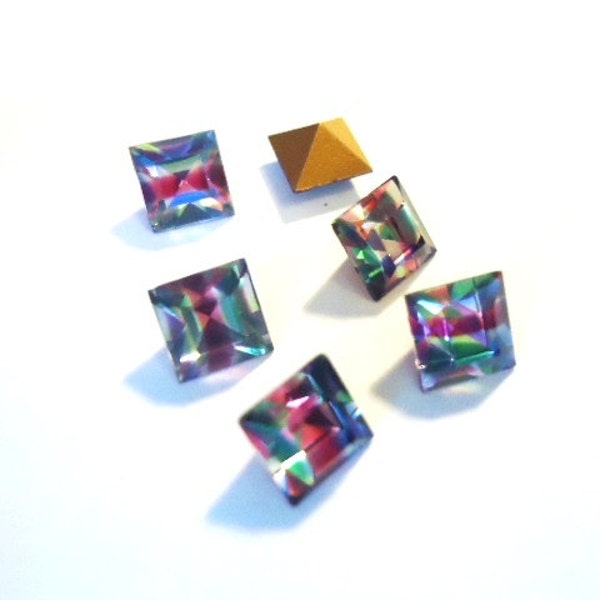 Vintage Glass Square Iris Rainbow jewels striped foiled rhinestone approx 6mm - 6 pieces square iris rhinestones