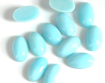 Vintage turkooisblauwe glazen cabochons, ovale stenen platte achterkant (10 mm x 6 mm) - 12 stuks