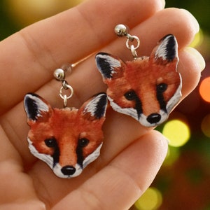 Fox face earrings wooden illustrated jewellery. image 4