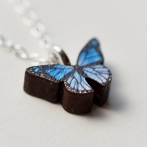 Tiny Blue Monarch Butterfly Necklace,  illustrated wooden jewellery, eco friendly gifting
