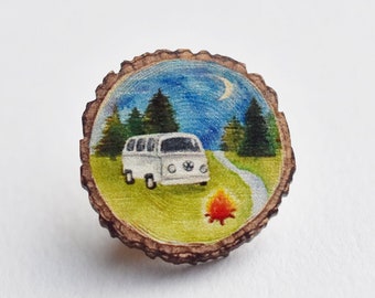 Campervan pin badge, log slice art, Wooden illustrated jewellery, wearable art, campervan accessories, campervan gift, camping gift