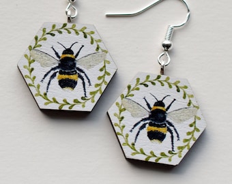 Hexagon Bee Earrings, illustrated wooden jewellery, eco friendly gifting