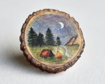 Camping log slice pin badge, Wooden illustrated jewellery, eco friendly gift for men and women