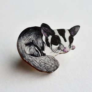Sugar Glider Pin badge- Illustrated Wooden Jewellery.