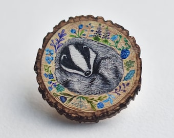 Sleeping Badger log slice pin badge - Wooden illustrated jewellery.