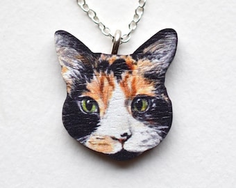 Tricolour Cat Face Necklace,  Illustrated Wooden Jewellery,  Art Necklace , Gift for cat lover.