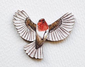 Flying Robin Bird Pin Badge - Illustrated Wooden Jewellery