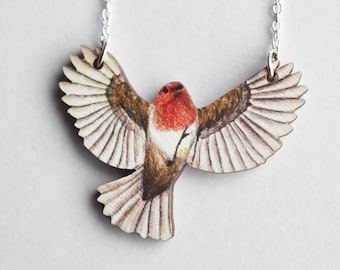 Fliegende Robin Vogel-Halskette - illustrierter Holzschmuck