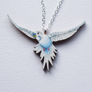 Flying Blue Budgie Necklace - Illustrated Wooden Jewellery