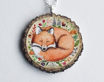 Sleeping Fox log slice necklace - Wooden illustrated jewellery.