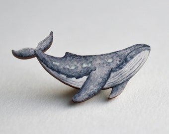 Humpback Whale Pin Badge, Illustrated wooden jewellery. Hand made.